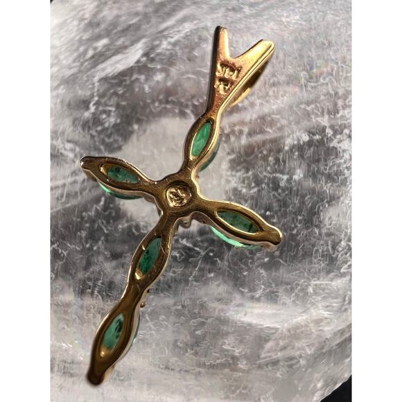 Vintage 14K Yellow Gold Emerald & Diamond Marquise Cross Pendant - Picture 5 of 16